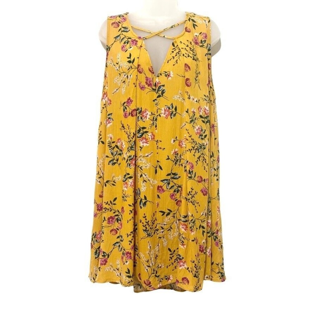 Umgee USA Yellow Floral Print Tunic Top Sleeveless Criss Cross Neck Tie Back M